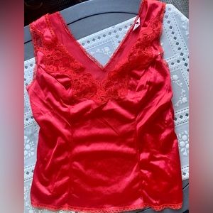 Vintage BestForm Satin Camisole Slip Baby Doll Top Red Lace V-Neck & Back 34